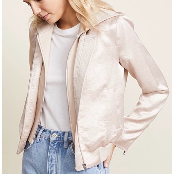 A.L.C. Champagne‎ Pink Edison Satin Cotton Hooded Bomber Jacket Women's Size S - Picture 2 of 9